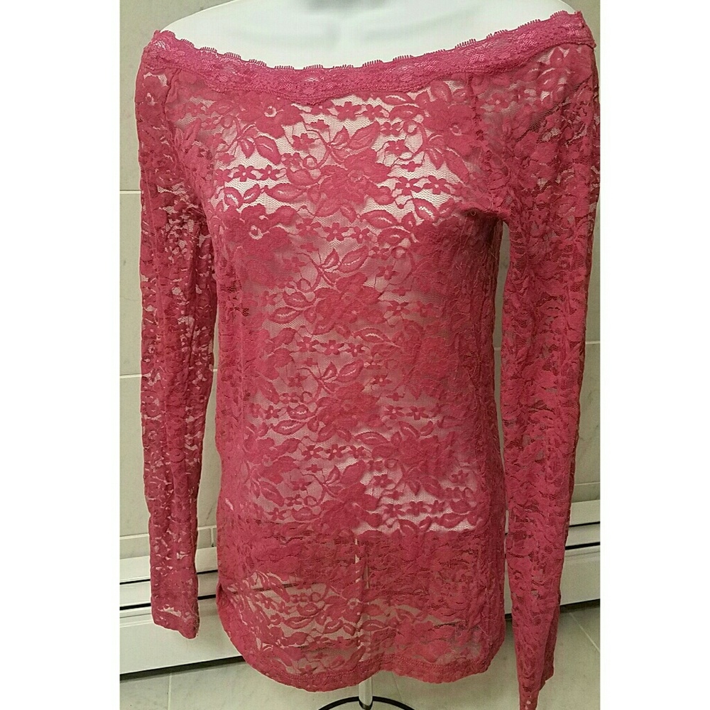 Pink Lace, Long Sleeve Off The Shoulder Top